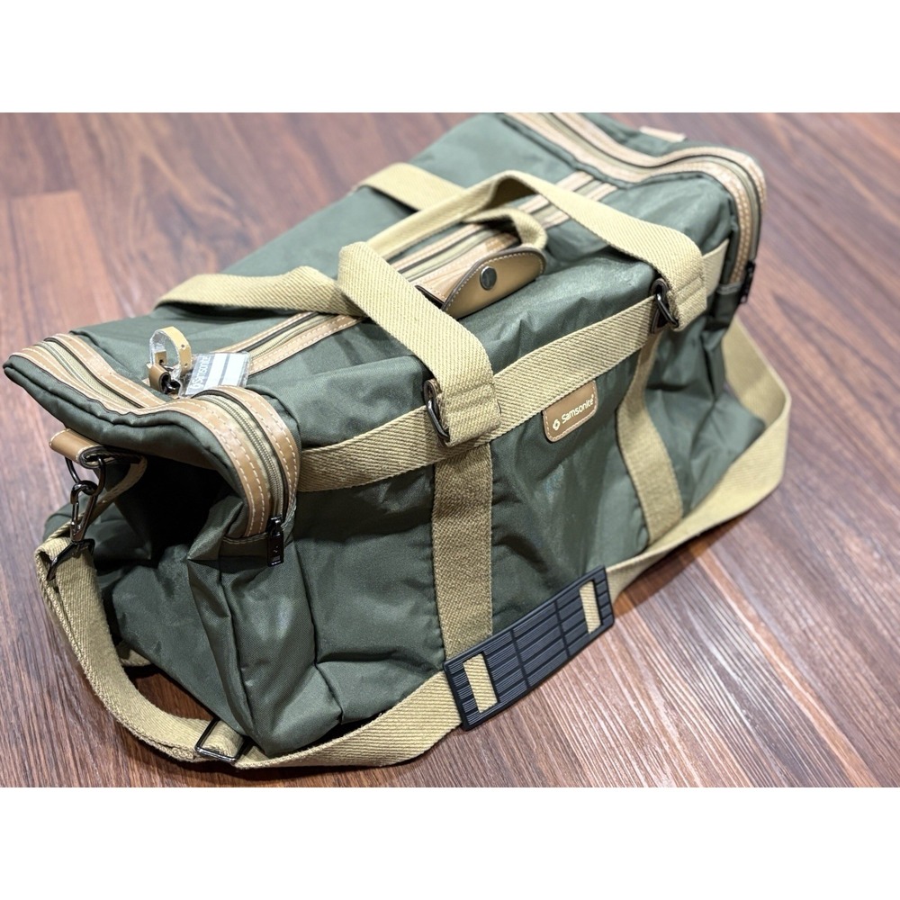Samsonite‎ Green Tan Canvas Duffle Bag Heavy Duty Gym Travel Luggage - Picture 7 of 16